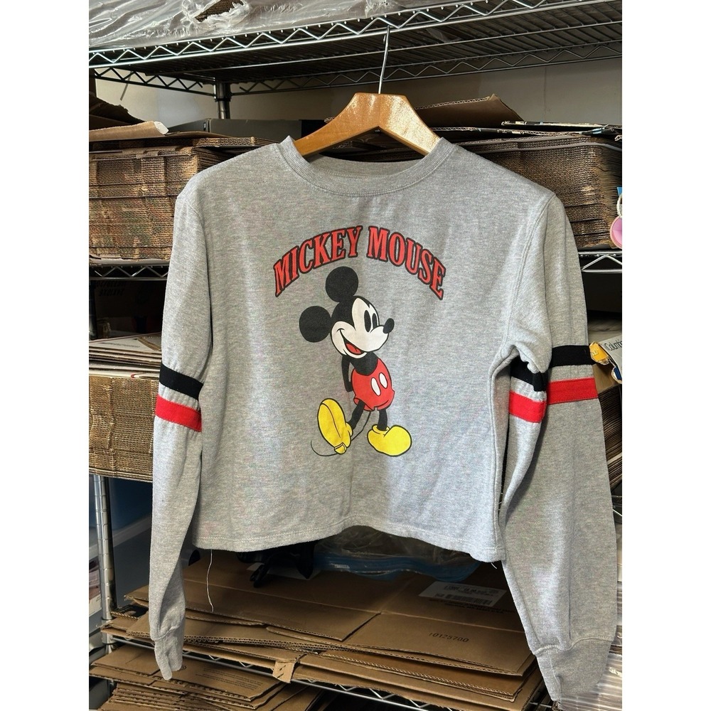 Disney Mickey Mouse Cropped Sweatshirt Women's XL Gray Graphic Pullover